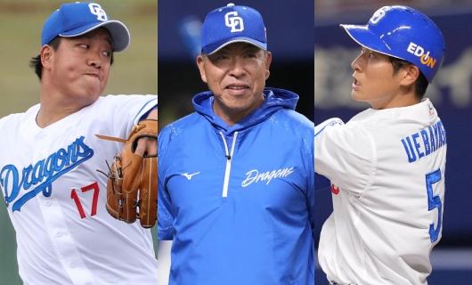 （左から）中日・柳裕也、井上一樹監督、上林誠知