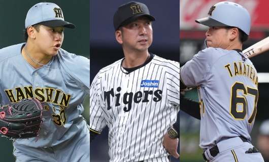 （左から）阪神・門別啓人、藤川球児監督、髙寺望夢
