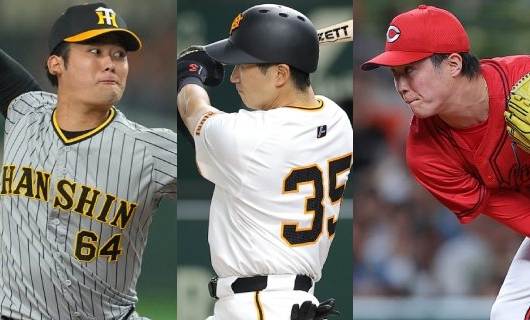 （左から）阪神・岡留英貴、巨人・泉口友汰、広島・森下暢仁