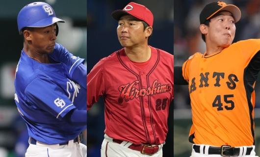 （左から）中日・ブライト健太、広島・新井貴浩監督、巨人・畠世周