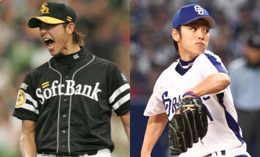 ソフトバンク・斉藤和巳（左）と中日・浅尾拓也