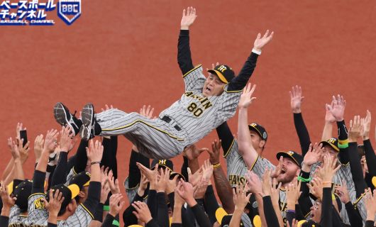 日本一達成で胴上げされる阪神・岡田彰布監督
