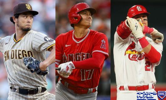 （左から）パドレス・ダルビッシュ有、エンゼルス・大谷翔平、カージナルス　ラーズ・ヌートバー