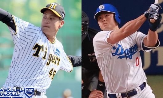 （左から）5月月間MVPを受賞した阪神・大竹耕太郎、中日・細川成也