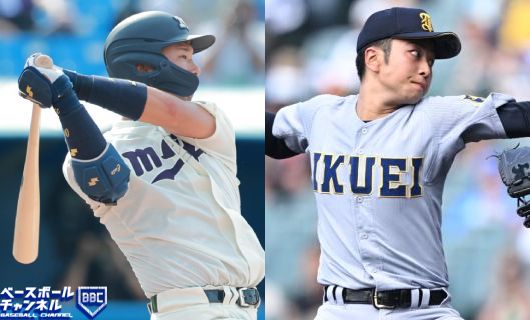 明治大・上田希由翔（左）と仙台育英・髙橋煌稀