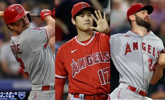 （左から）エンゼルス・レンフロー、大谷翔平、ジオリト