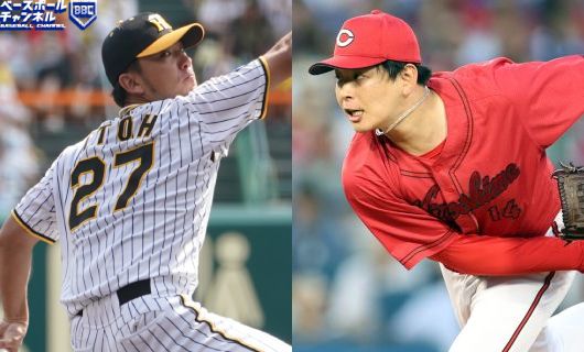 阪神・伊藤将司（左）と広島・大瀬良大地