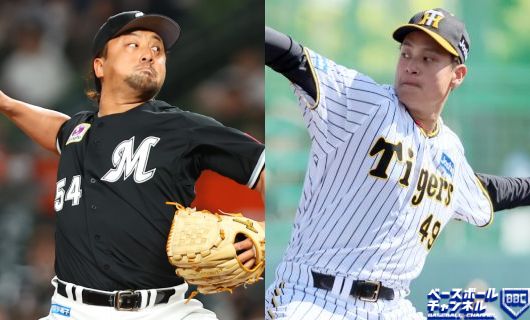 ロッテ・澤村拓一（左）と阪神・大竹耕太郎
