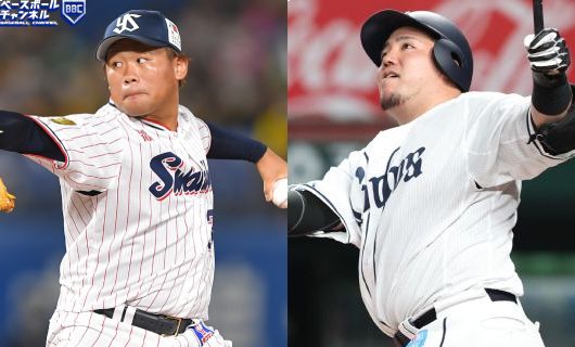 ヤクルト・田口麗斗（左）と西武・山川穂高