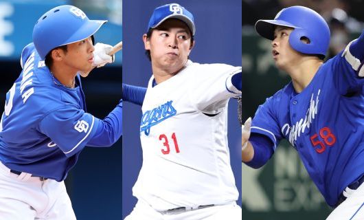 （左から）中日・田中幹也、仲地礼亜、石橋康太