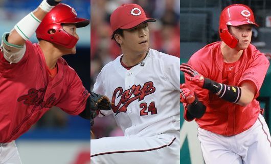 （左から）広島・田村俊介、黒原拓未、韮澤雄也
