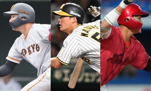（左から）巨人・萩尾匡也、阪神・前川右京、広島・田村俊介