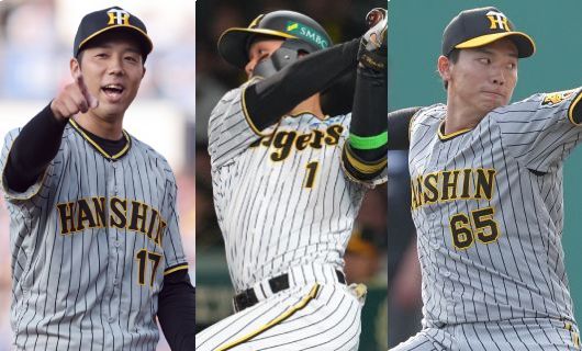 （左から）阪神・青柳晃洋、森下翔太、湯浅京己