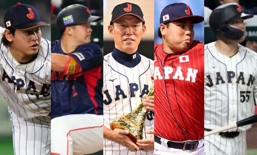 （左から）日本代表侍ジャパン・宮城大弥、牧秀悟、井端弘和監督、平良海馬、村上宗隆