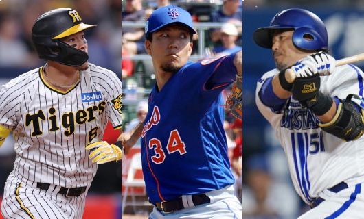（左から）阪神・佐藤輝明、メッツ・千賀滉大、DeNA・宮﨑敏郎