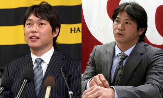 阪神時代の新井貴浩（左）と巨人時代の谷佳知