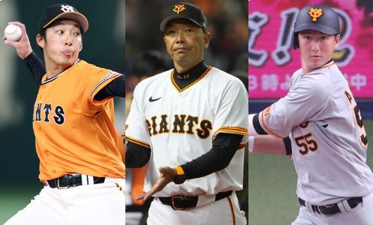 （左から）巨人・赤星優志、阿部慎之助監督、秋広優人