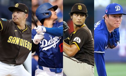 （左から）パドレス・松井裕樹、ドジャース・大谷翔平、パドレス・ダルビッシュ有、ドジャース・山本由伸