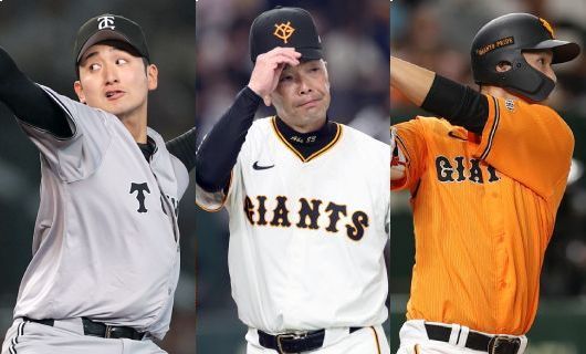 （左から）巨人・横川凱、阿部慎之助監督、秋広優人