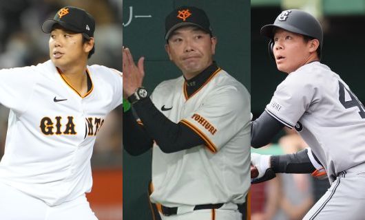 （左から）巨人・又木鉄平、阿部慎之助監督、佐々木俊介