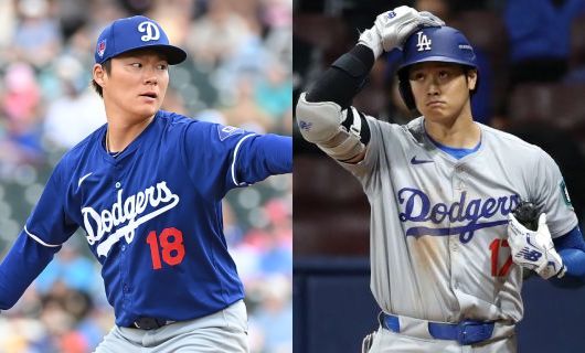 ロサンゼルス・ドジャースの山本由伸（左）と大谷翔平