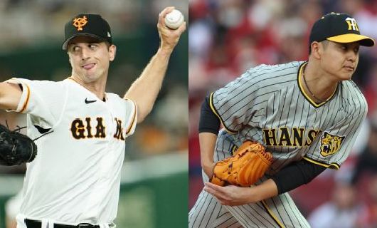 巨人　フォスター・グリフィン（左）と阪神・大竹耕太郎