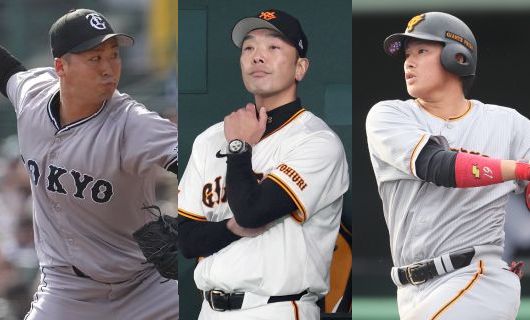 （左から）巨人・船迫大雅、阿部慎之助監督、増田陸