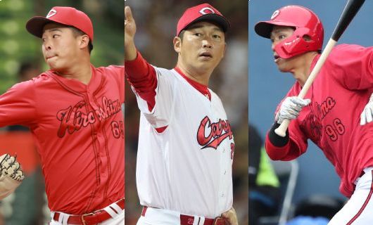 （左から）広島・玉村昇悟、新井貴浩監督、中村奨成
