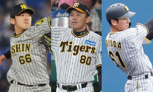 （左から）阪神・小川一平、岡田彰布監督、豊田寛