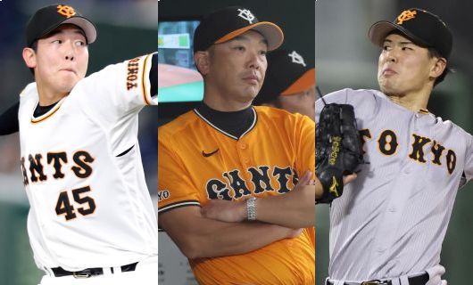 （左から）巨人・畠世周、阿部慎之助監督、山田龍聖