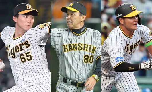 （左から）阪神・湯浅京己、岡田彰布監督、小野寺暖