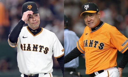 巨人・阿部慎之助監督（左）と原辰徳前監督