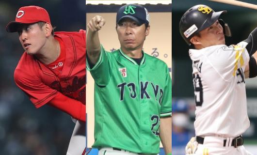（左から）遠藤淳志、高津臣吾監督、野村勇