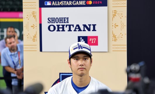オールスターゲーム前日の記者会見に臨むロサンゼルス・ドジャースの大谷翔平選手