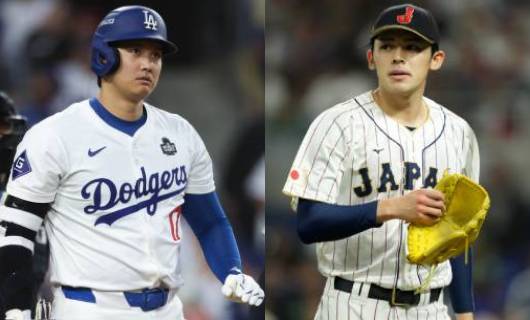 ロサンゼルス・ドジャースの大谷翔平（左）と佐々木朗希