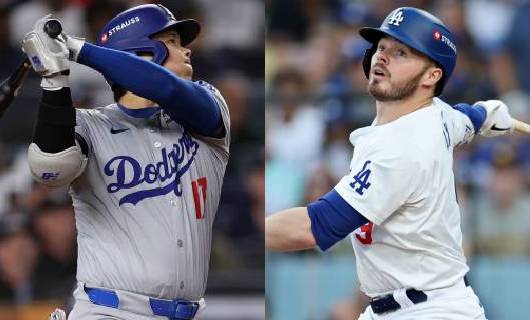 ロサンゼルス・ドジャースの大谷翔平（左）とギャビン・ラックス