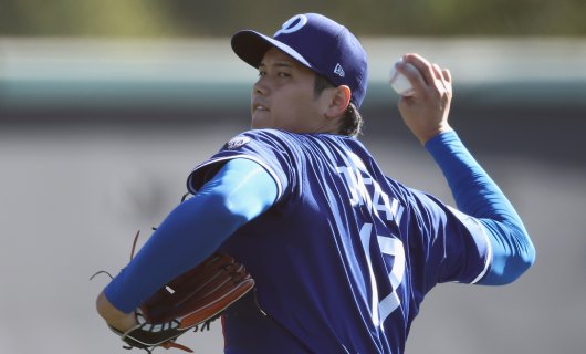 スプリングトレーニングで投球練習を行うロサンゼルス・ドジャースの大谷翔平選手