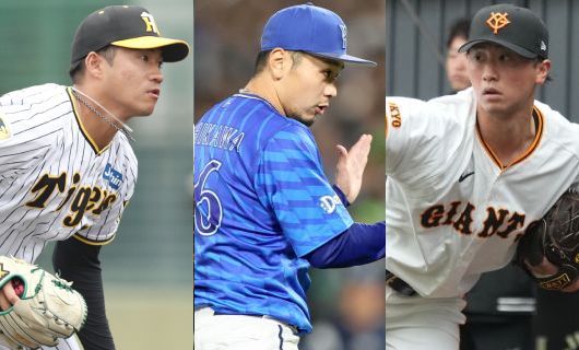 （左から）阪神タイガース時代の岩田将貴、横浜DeNAベイスターズ時代の石川達也、読売ジャイアンツの直江大輔